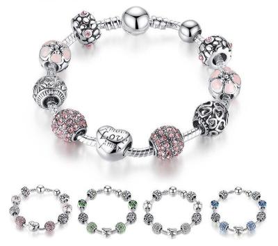 China Girls Sterling Silver Pandora Charm Bracelets With Crystal Love / Flower Ball Beads for sale