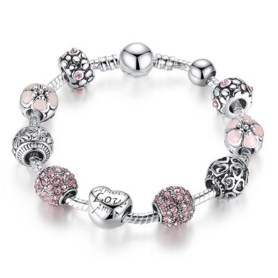 China Women Pandora Silver Charm Bracelet With Crystal Love Flower Crystal Ball Beads for sale