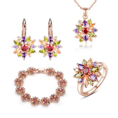 China Multi Color Cubic Zirconia Flower Jewelry Sets 18K Gold Plated AAA Zircon Rose for sale