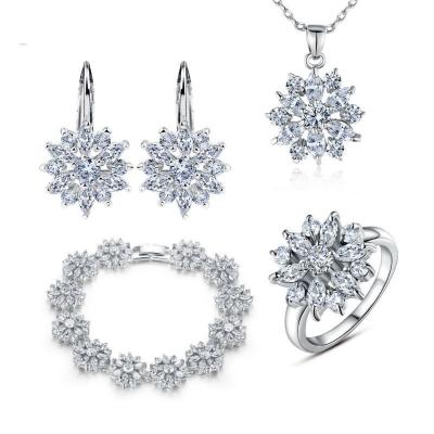 China White Gold Plated Cubic Zirconia Jewelry Sets Snowflake Earrings Necklace Ring Sets for sale