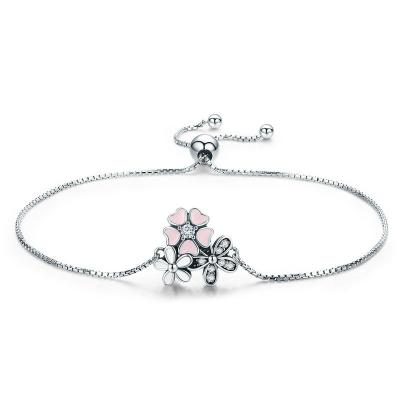 China Cherry Daisy Flower Chain Link Sterling Silver Bracelets for Women Adjustable Length for sale