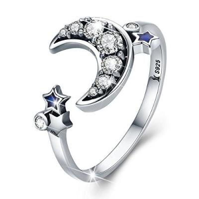 China Open Finger 925 Sterling Silver Rings Twinkle Moon and Star Clear Crystal Style for sale