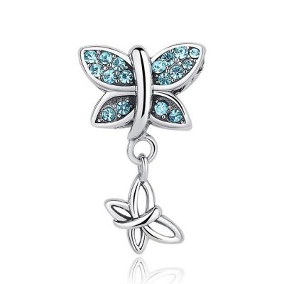 China Butterfly Blue CZ Dangle Sterling Silver Charm Beads for Nacklace / Bracelet for sale