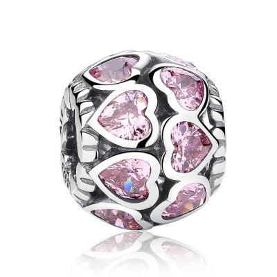 China Hollow Pink Rhinestone Heart 925 Sterling Silver Beads And Charms For Bracelets for sale