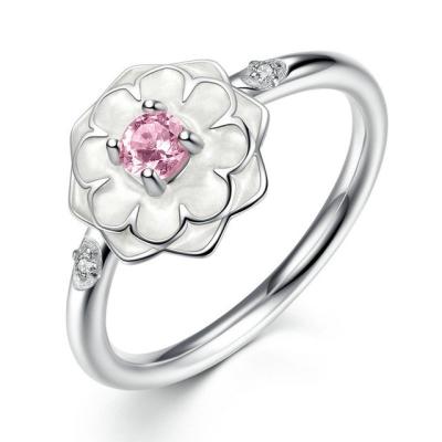 China Romantic Sterling Silver Enamel Flower Ring With Pink Stone For Engagement / Holiday for sale