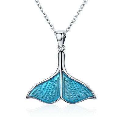 China Long Chain Lady Sterling Silver Pendant Necklace Ocean Sea Blue Mermaid Fishtail Pattern for sale