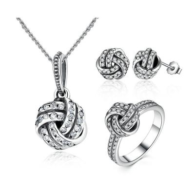 China 925 Sterling Silver Necklace Earring Ring Sets Love Knot Weave With Cubic Zirconia for sale