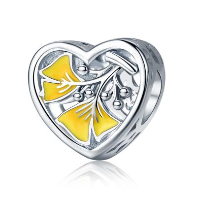 China Yellow Ginkgo Tree Leave Sterling Silver Pendants , Heart Beads  Necklace Pendant Charms for sale