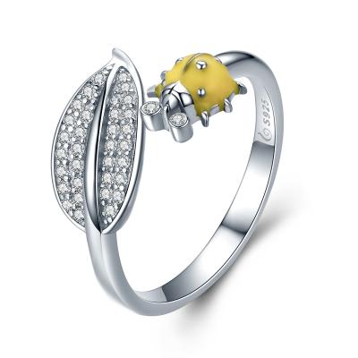 China Clear CZ Open Size Ladies Sterling Silver Rings Yellow Ladybug With Cubic Zirconia for sale