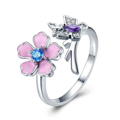 China Women 925 Sterling Silver Rings Love Of Butterfly  With  Pink Flower for sale