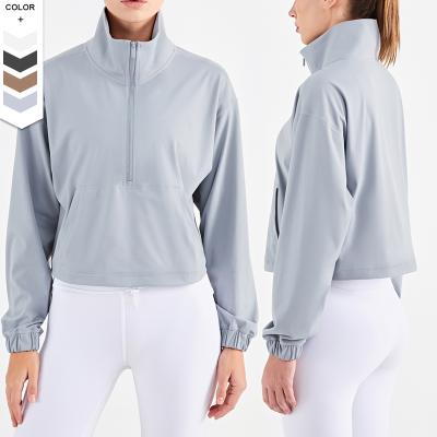 China New Style Women's Breathable Sportswear For Yoga Collar Half Zipper Gym Hooded Yoga Jacket Workout Windproof Running Loose Fit Tops for sale