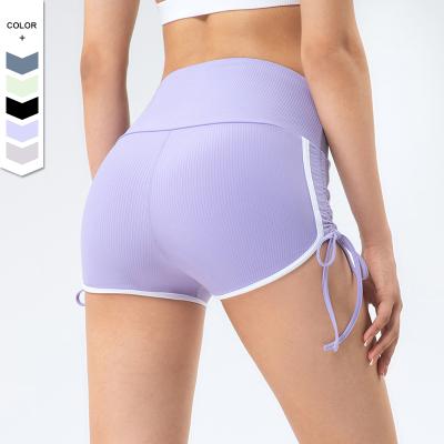 China Breathable Women Sports Gym Short Pants Butts Lift Yoga Shorts Side Drawstring Ruffled Abbreviations Workout Exercise Girl for sale