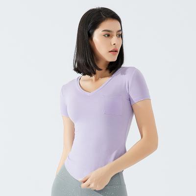 China Breathable Women Slim Fit Breathable Stretchy Short Sleeve Shirts Pocket Sports Running Sporty Tops V-Neck Fitness T Shirts For Women for sale