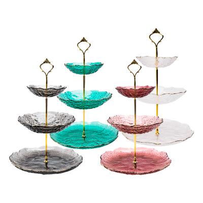 China European Luxury Creative Exquisite Multicolor Three-Layer Fruit Dish Morden Cake Lead-Free Crystal Glass Dish for sale