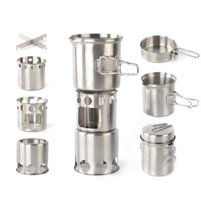 China Stocked Outdoor Messy Kit Lightweight Pots Pan Camping Cookware Set With Stainless Steel Camping Cooking Set for sale