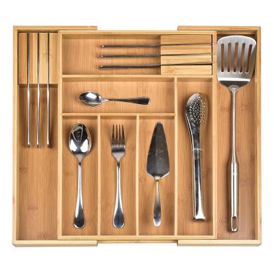 China Sustainable Expandable Cutlery Tray Storage Organizer with 2 Removable Knife Blocks Silverware Drawer Bamboo Wood 8 Compartments Customized for sale