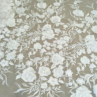 China Other Ivory White Rose Shape Fabric New Wedding Dress Fabric With Sequin Width 130cm for sale