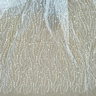 China Other Full Small Striped Leaves Fabric Ivory White Wedding Dress Fabric New With Sequin Width 130cm for sale