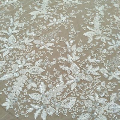 China Other fashion ivory beading fabric 130cm width handmade lace fabric 130cm width ivory beading fabric wedding dress lace fabric for sale