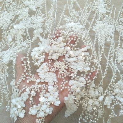 China Other new arrival milk color sequins with ivory beads and pearl 3D lace beading lace fabric 130cm width lace sale by the yard for sale