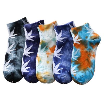 China BONYPONY New Antibacterial Tie Dye Weed Leaf Socks For Women And Men Colored Cotton Maple Leaves Casual Sporty Combed Ankle Socks for sale