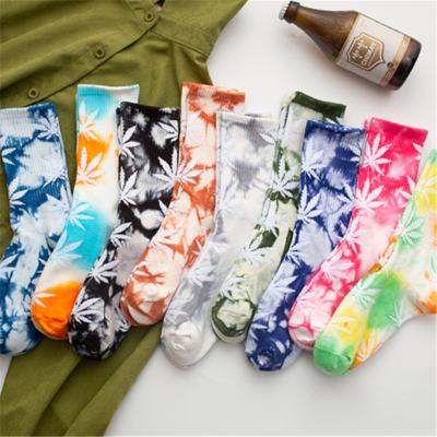 China Funky colorful weed leaf maple leaf tie dye maple sock long crew cotton unisex funny casual marajuan antibacterial sock for sale