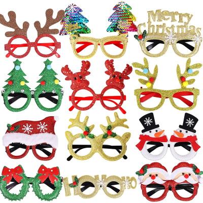 China Eco-Friendly Christmas Glass Glitter Party Glass Frames Christmas Decoration Costume Glasses For Xmas Party Holiday Favors for sale