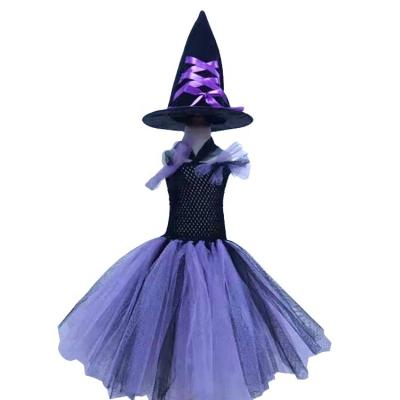 China Polyester Girls Halloween Costume Vampire Witch Cosplay Pageant Party Tutu Dresses With Witch Hat Girls Sparkle Witch Dress Costume for sale