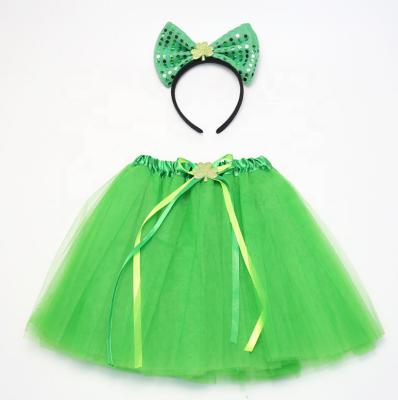 China St Patricks Day Eco-Friendly Irish Costume Set Boppers Green Hairy Headband Tulle Mesh Tutu Skirt Shamrock Clover Irish Tutu Outfit for sale