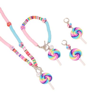 China New BOHEMIA style Bohemian rainbow soft clay lollipop shape necklace bracelet earrings set of 3 pieces for sale