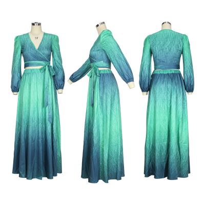 China Women Plus Size Casual Dresses Loose Long Sleeve Maxi Flower V Neck Green Dresses 2 Pieces S-2XL Set Plus Size Dress for sale