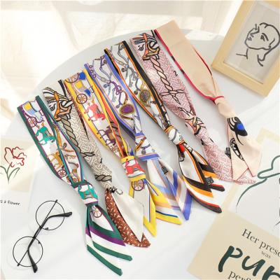 China 2022 Big Slightly Faux Head Neck Women Ladies Scarf Flowers Print Field Silk Floral Narrow Ribbon Short Pattern Long for sale