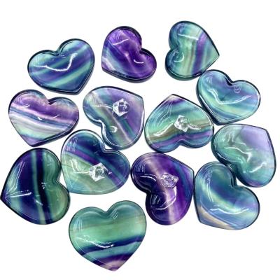 China Europe Hot Sale Healing Quartz Reiki Natural Crystal Hand Made Rainbow Fluorite Hearts Shape Crystal Bowls  For Decoration for sale