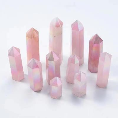 China Europe Hot Sale Aura Quartz Crystal Point Healing  Rose Quartz Tower Natural Crystal Wand for sale