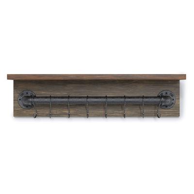 China (Other) adjustable rustic wall mounted wooden shelf with metal towel rail and 8 removable hooks for sale