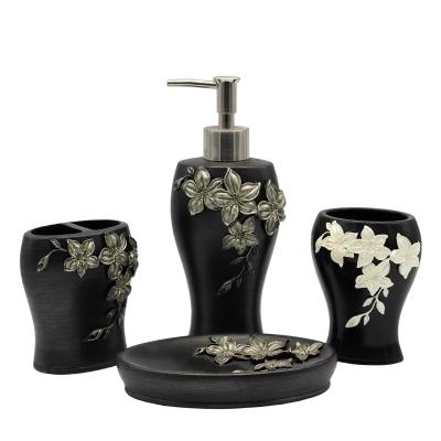 China Sustainable Stylish Black BX Polyresin Bathroom Accessory 4pcs Set With Golden Painting Flowers Design for sale