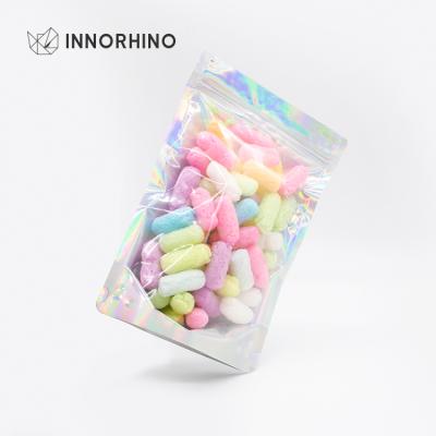 China Moisture Proof Stand Up Pouch Holographic Resealable Candy Nuts Mylar Bags Smell Proof Foil Zipper Cotton Pad Beans Bags Party Food Storage for sale