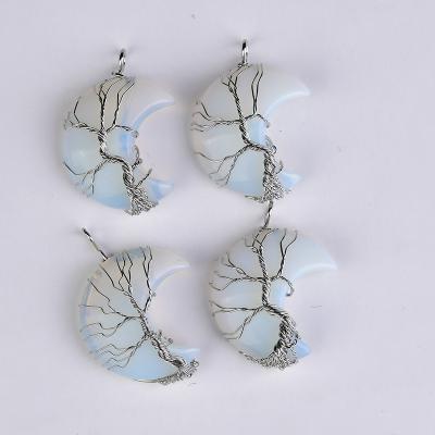 China Crystal Moon Healing Stone Necklace Pendant China Wholesale Copper Wire Wrapped Opalite Tree Of Life for sale