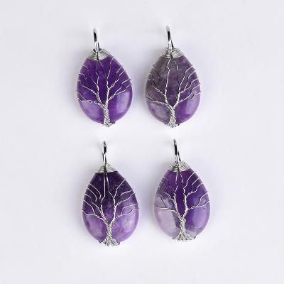 China China Wholesale Tree of Life Tear Heart Amethyst Pendant Necklace Copper Wire Wrapped Gemstone Healing Chakra Necklace for sale