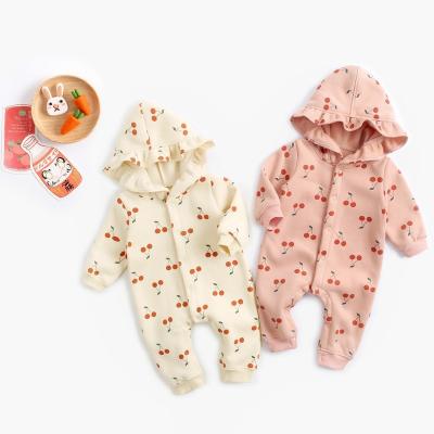 China Eco-friendly Soft Breathable Washable Pink Eco-friendly Baby Winter Baby Pajamas Set Cherry Pattern Baby Terry Rompers For Kids for sale