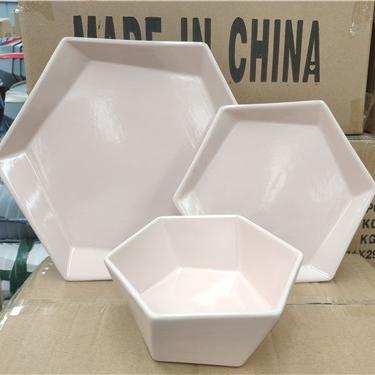 China Sustainable Hexagon Pink Color Glazed Sandstone 12 Pcs Electroplate Bowl Set for sale