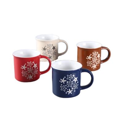 China Factory price high quality viable porcelain colorful mug with snowflake pattern embossed ceramic mug for sale