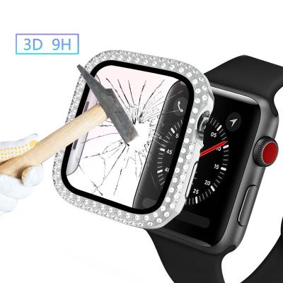 China Shockproof Double Diamond Hard PC Protect Cover With Tempered Glass Screen Protector For Apple Watch Case Bling Bumper 41/45/40/44/38/42mm for sale