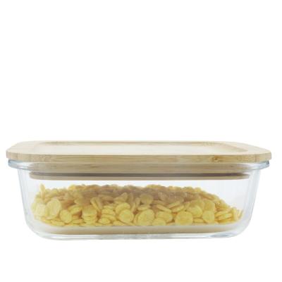 China Sustainable Factory Food Fruit Storage Custom Square Glass Noodle Bowl With Bamboo Lid Microwavable Glass Bowl for sale