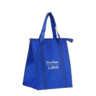 China Grocery Food Delivery Blue Logo Non Woven Tote Waterproof Custom Cooler Bag Insulated Lunch Bag for sale