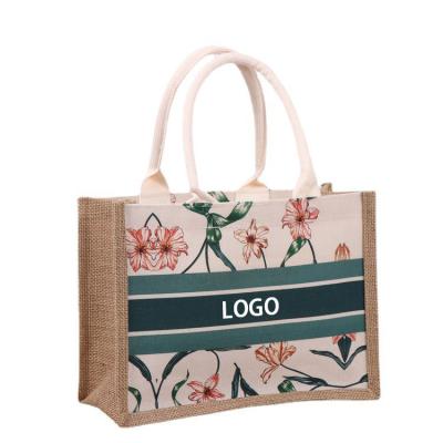 China New Design Full Print Jute Tote Bag With Canvas Pocket Beach Handled Canvas Shopping Bag Inner Zipper Burlap for sale