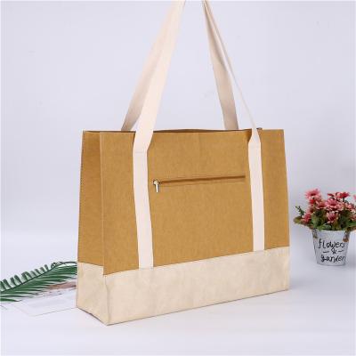 China Brown Recycled Handled Washed Shopping Bag Kraft Paper Tote Bag Women Shoulder Handbag With Zipper Pocket for sale