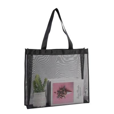 China Nylon Handled Mesh Tote Bag Customized Logo Black Mesh Beach Shopping Bag for sale