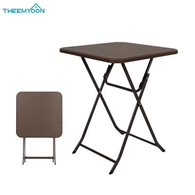 China Contemporary Brown Stain Heavy Duty Square Top Rattan Plastic Folding Table With Steel Legs for sale