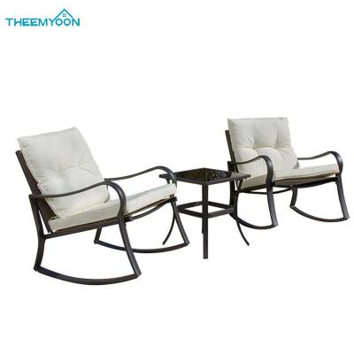 China 3 Piece Bistro's Eco-freindly Outdoor Patio Furniture Set Modern Garden Chairs And Rocking Table Set With Cushion for sale